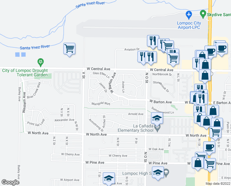 map of restaurants, bars, coffee shops, grocery stores, and more near 1117 West Barton Avenue in Lompoc