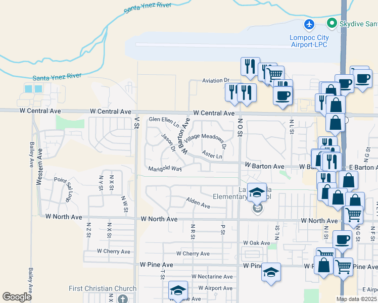 map of restaurants, bars, coffee shops, grocery stores, and more near 1117 West Barton Avenue in Lompoc