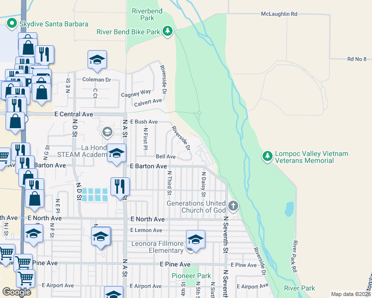 map of restaurants, bars, coffee shops, grocery stores, and more near 1229 Riverside Drive in Lompoc