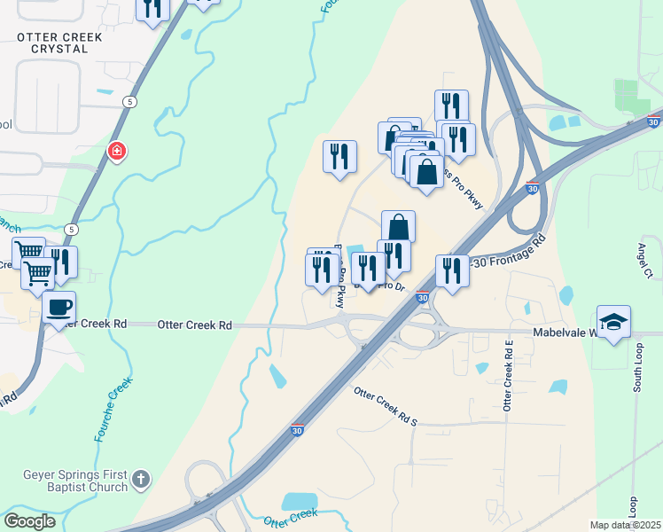 map of restaurants, bars, coffee shops, grocery stores, and more near Otter Creek Road in Little Rock