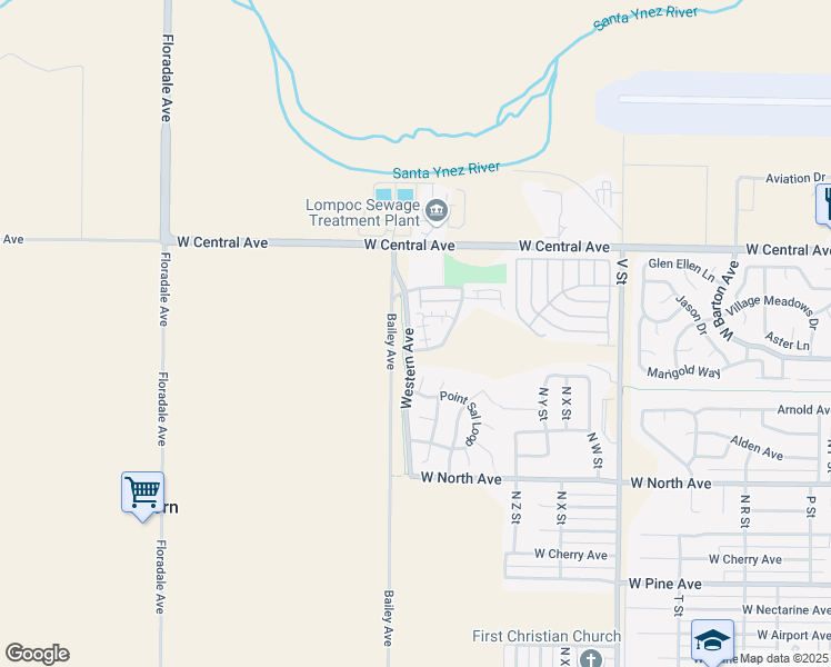 map of restaurants, bars, coffee shops, grocery stores, and more near 1229 Meridian Way in Lompoc