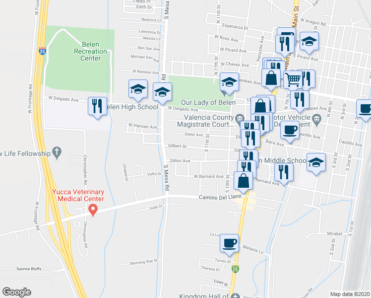 map of restaurants, bars, coffee shops, grocery stores, and more near 1139 West Gilbert Avenue in Belen