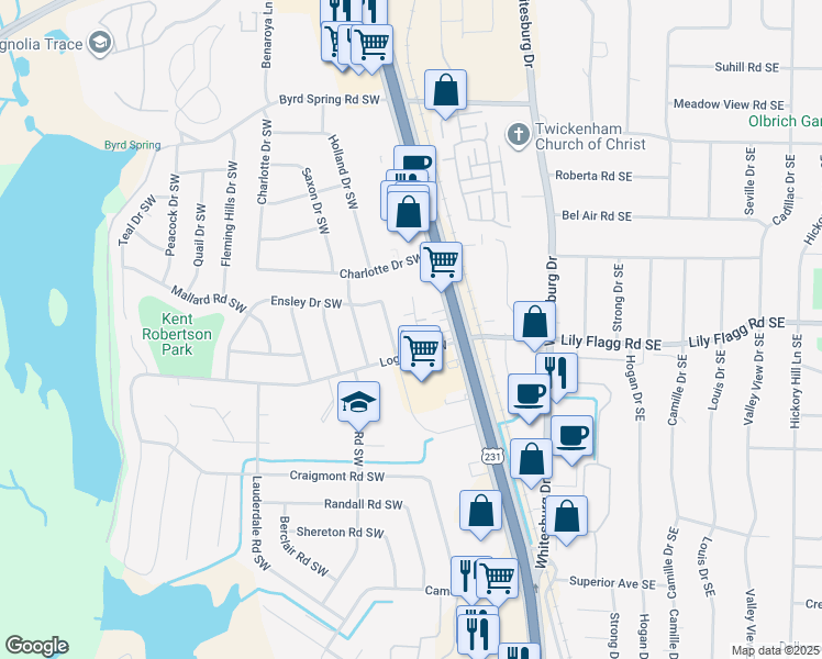 map of restaurants, bars, coffee shops, grocery stores, and more near 8050 Lenox Lane Southwest in Huntsville