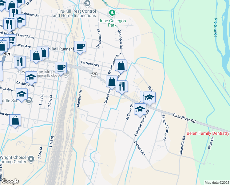 map of restaurants, bars, coffee shops, grocery stores, and more near 600 Reinken Avenue in Belen