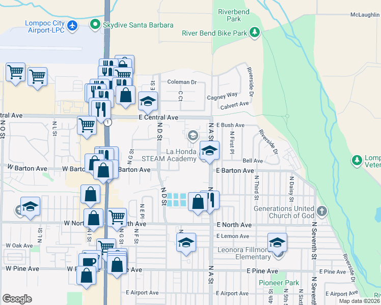 map of restaurants, bars, coffee shops, grocery stores, and more near in Lompoc