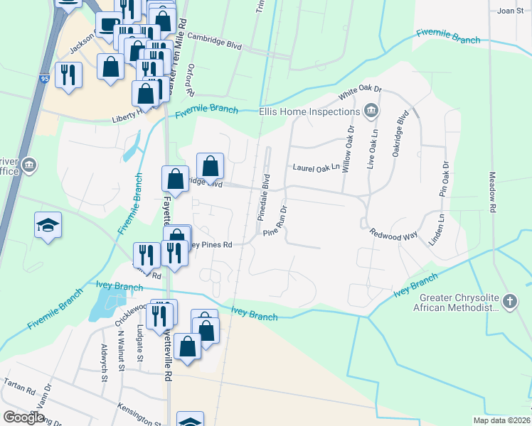 map of restaurants, bars, coffee shops, grocery stores, and more near 4843 Pinedale Boulevard in Lumberton