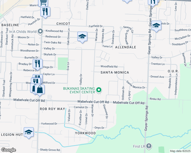 map of restaurants, bars, coffee shops, grocery stores, and more near 33 Warren Drive in Little Rock