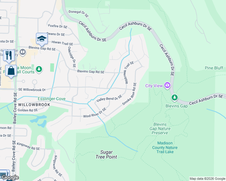 map of restaurants, bars, coffee shops, grocery stores, and more near 7811 Bridgewell Run Southeast in Huntsville