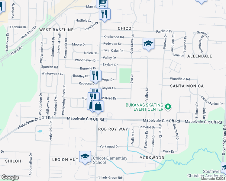 map of restaurants, bars, coffee shops, grocery stores, and more near 8 Caylor Lane in Little Rock