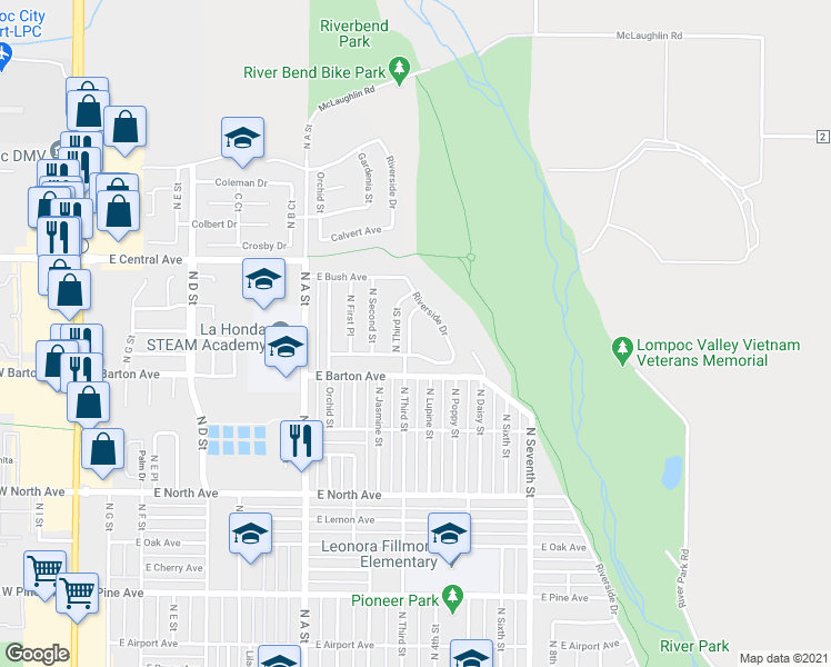map of restaurants, bars, coffee shops, grocery stores, and more near 1226 Linda Vista Drive in Lompoc
