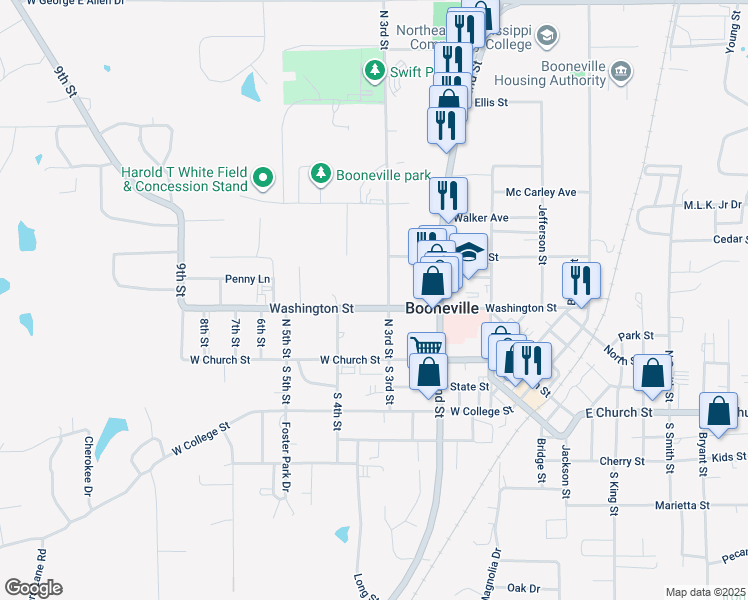 map of restaurants, bars, coffee shops, grocery stores, and more near 201 North 3rd Street in Booneville