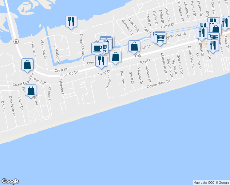 map of restaurants, bars, coffee shops, grocery stores, and more near 124 Heverly Drive in Emerald Isle