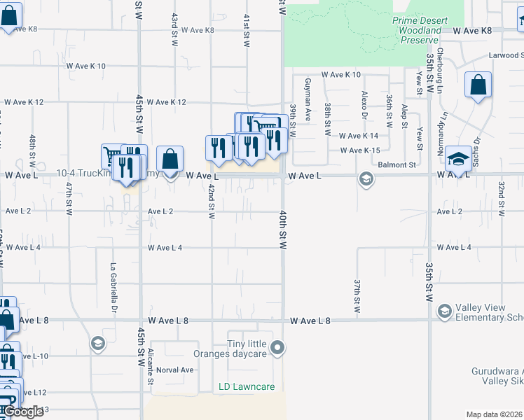 map of restaurants, bars, coffee shops, grocery stores, and more near Avenue L-2 in Lancaster