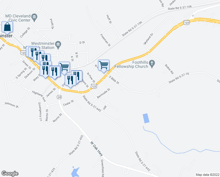 map of restaurants, bars, coffee shops, grocery stores, and more near 101 Louise Court in Westminster