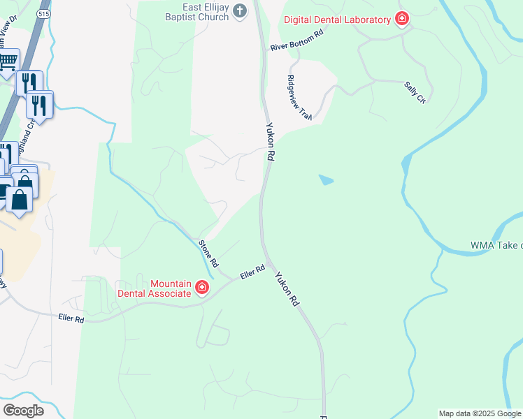 map of restaurants, bars, coffee shops, grocery stores, and more near Yukon Road in Ellijay