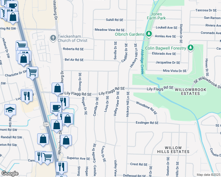 map of restaurants, bars, coffee shops, grocery stores, and more near 8117 Louis Drive Southeast in Huntsville