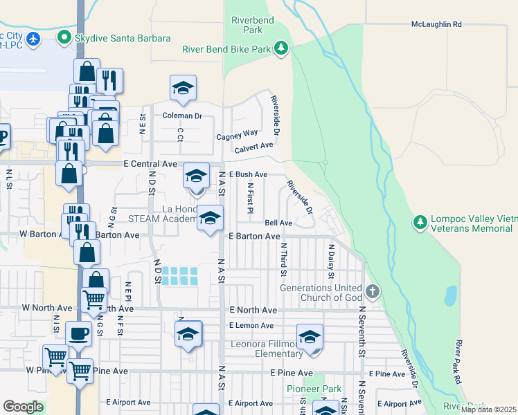 map of restaurants, bars, coffee shops, grocery stores, and more near 1229 North Second Street in Lompoc