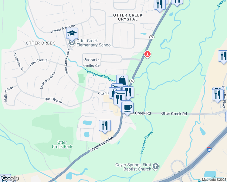 map of restaurants, bars, coffee shops, grocery stores, and more near 11 Otter Creek Court in Little Rock
