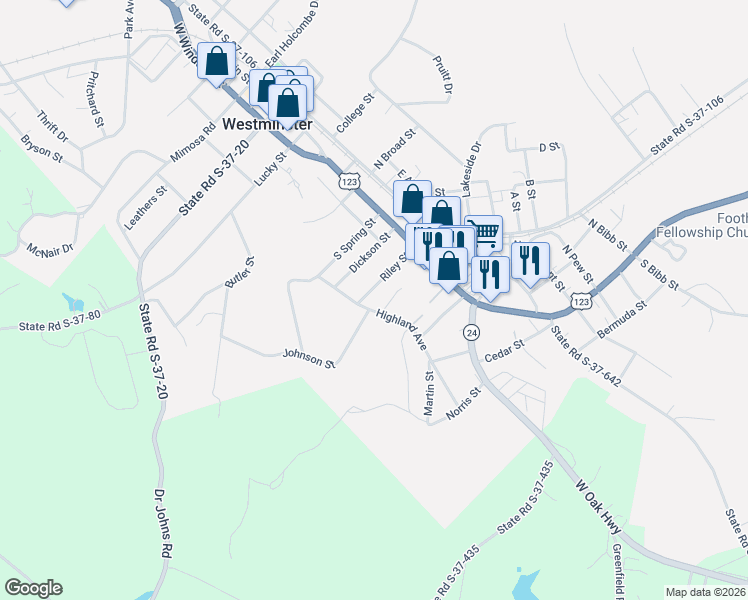 map of restaurants, bars, coffee shops, grocery stores, and more near 115 Riley Street in Westminster