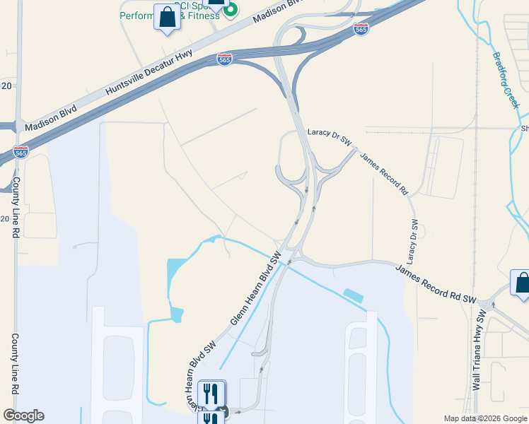 map of restaurants, bars, coffee shops, grocery stores, and more near 353 James Record Road Southwest in Huntsville