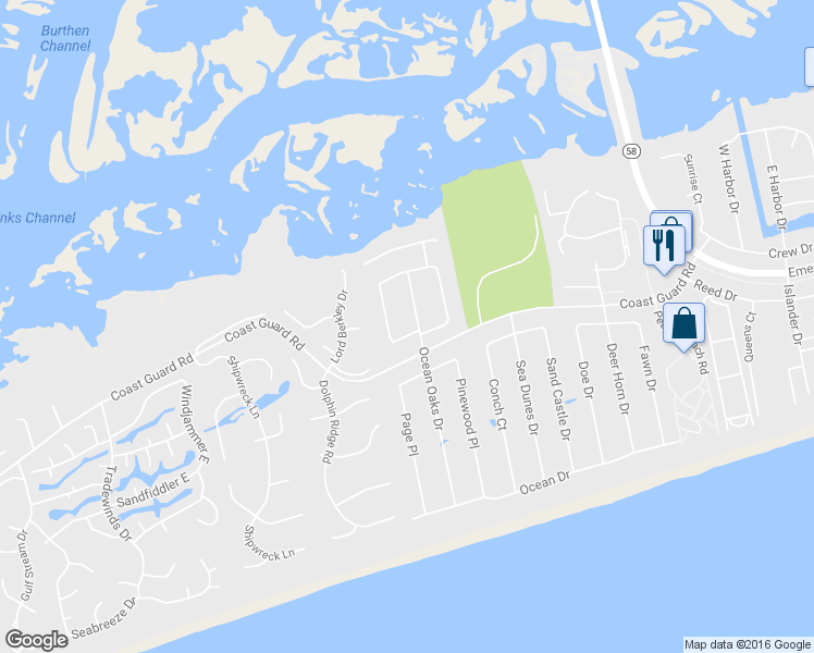 map of restaurants, bars, coffee shops, grocery stores, and more near 302 Cape Fear Loop in Emerald Isle