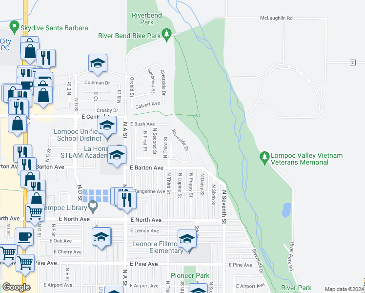 map of restaurants, bars, coffee shops, grocery stores, and more near 1245 Riverside Drive in Lompoc