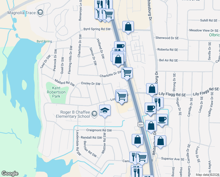 map of restaurants, bars, coffee shops, grocery stores, and more near 7912 Ensley Drive Southwest in Huntsville