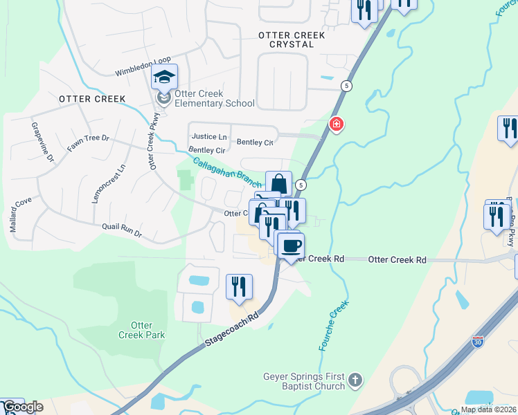 map of restaurants, bars, coffee shops, grocery stores, and more near 13524 Otter Creek Parkway in Little Rock