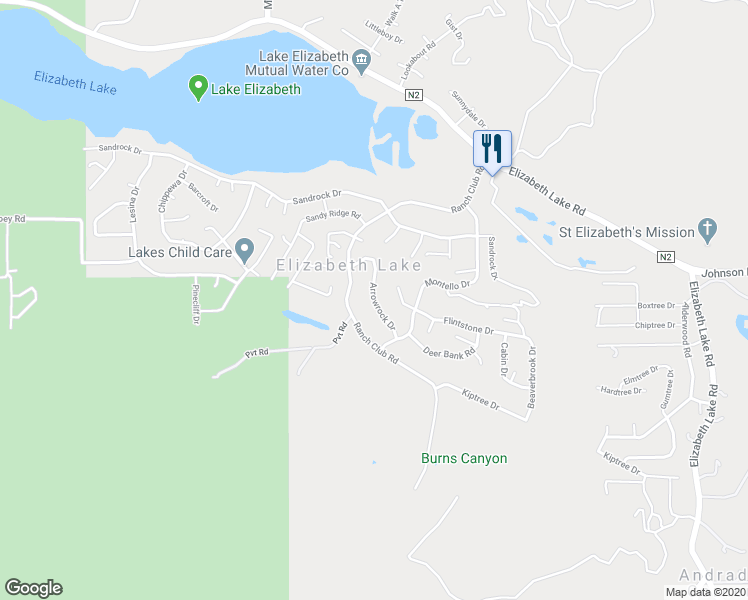 map of restaurants, bars, coffee shops, grocery stores, and more near Arrowrock Drive in Elizabeth Lake