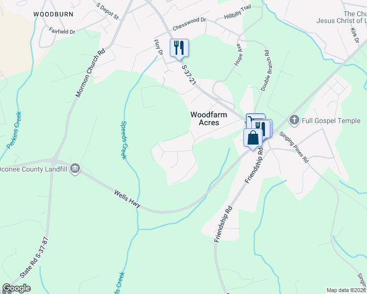 map of restaurants, bars, coffee shops, grocery stores, and more near 304 Evergreen Forest Drive in Seneca