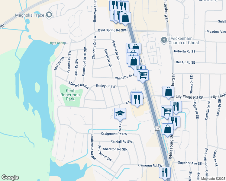 map of restaurants, bars, coffee shops, grocery stores, and more near 7804 Milton Street Southwest in Huntsville