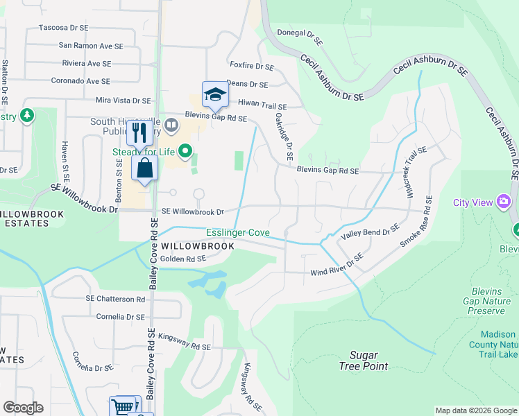 map of restaurants, bars, coffee shops, grocery stores, and more near 1228 Willowbrook Drive Southeast in Huntsville