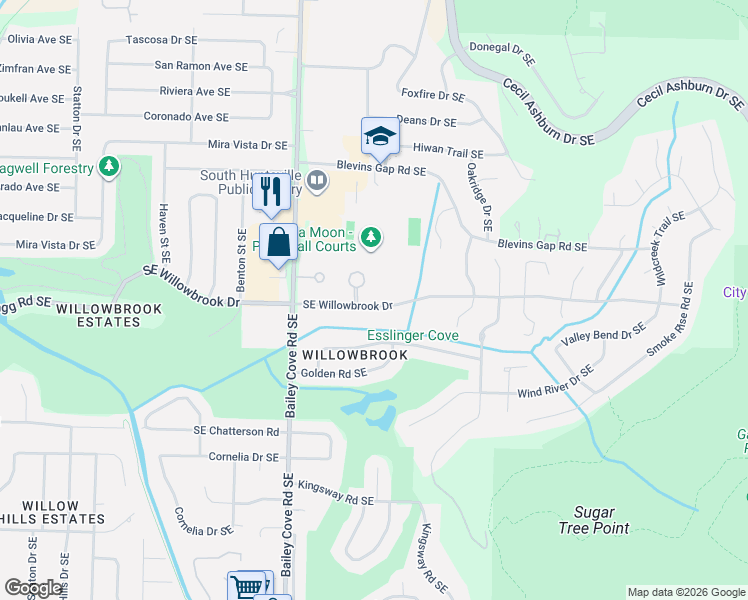 map of restaurants, bars, coffee shops, grocery stores, and more near 8205 Willowbrook Circle Southeast in Huntsville