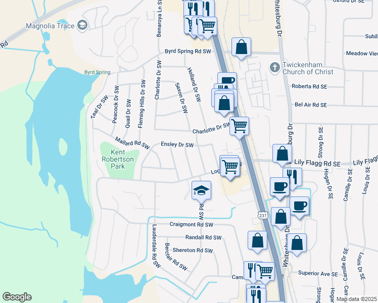 map of restaurants, bars, coffee shops, grocery stores, and more near 7804 Milton Street Southwest in Huntsville