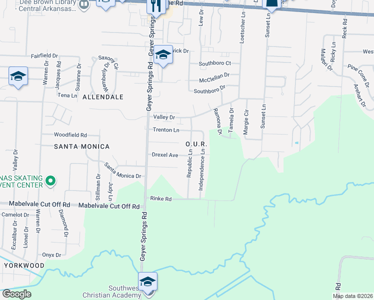 map of restaurants, bars, coffee shops, grocery stores, and more near 10024 Republic Lane in Little Rock