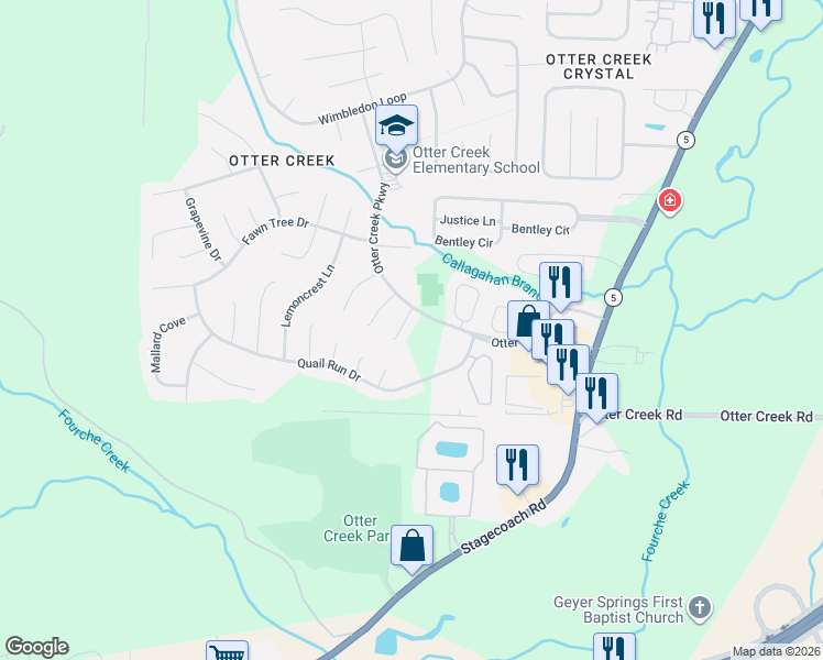 map of restaurants, bars, coffee shops, grocery stores, and more near 12005 Black Walnut Circle in Little Rock