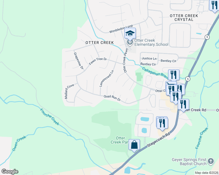 map of restaurants, bars, coffee shops, grocery stores, and more near 11025 Dogwood Cove in Little Rock