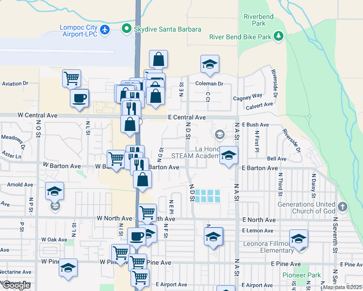map of restaurants, bars, coffee shops, grocery stores, and more near 1308 North D Street in Lompoc