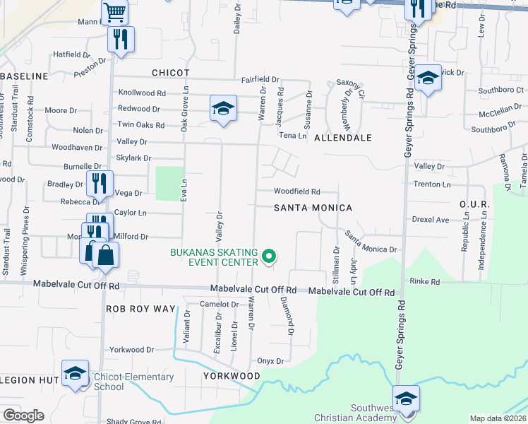 map of restaurants, bars, coffee shops, grocery stores, and more near 6717 Elmore Rd in Little Rock