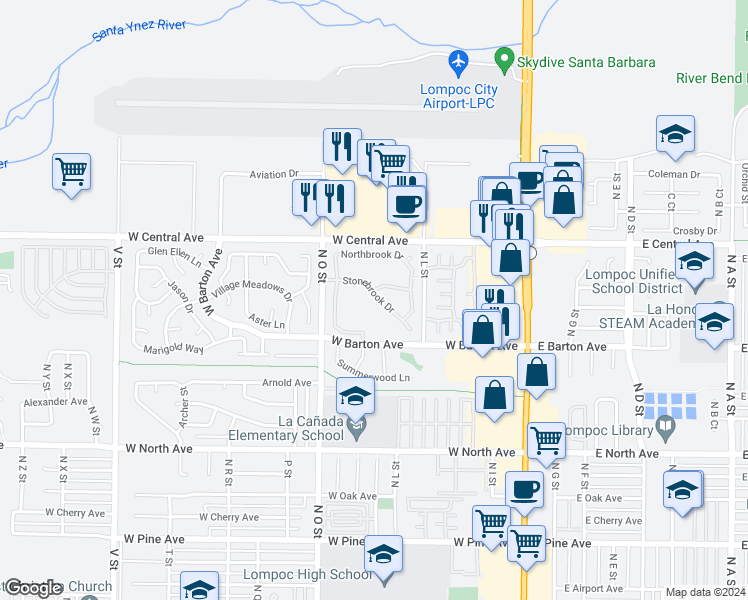 map of restaurants, bars, coffee shops, grocery stores, and more near 520 Brookside Drive in Lompoc