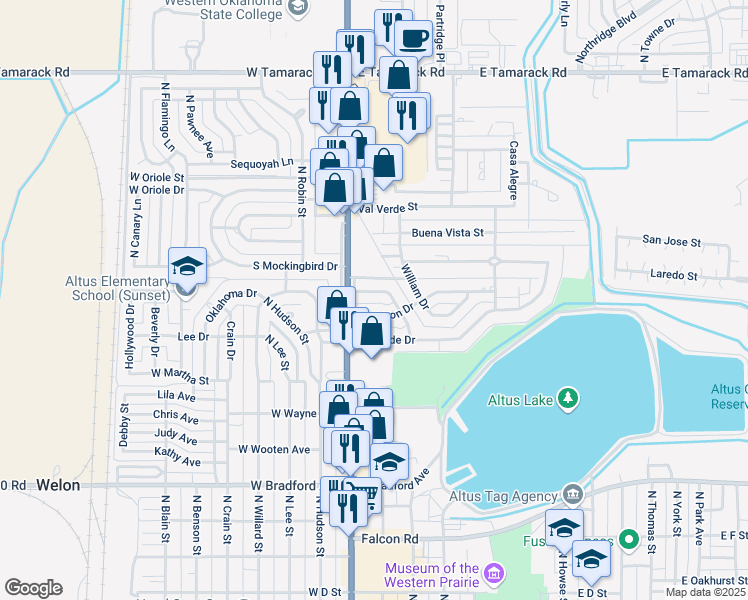 map of restaurants, bars, coffee shops, grocery stores, and more near 118 Sumner Drive in Altus