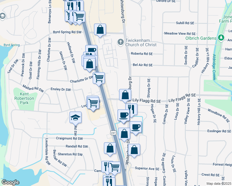 map of restaurants, bars, coffee shops, grocery stores, and more near 8148 Oldfield Road Southwest in Huntsville