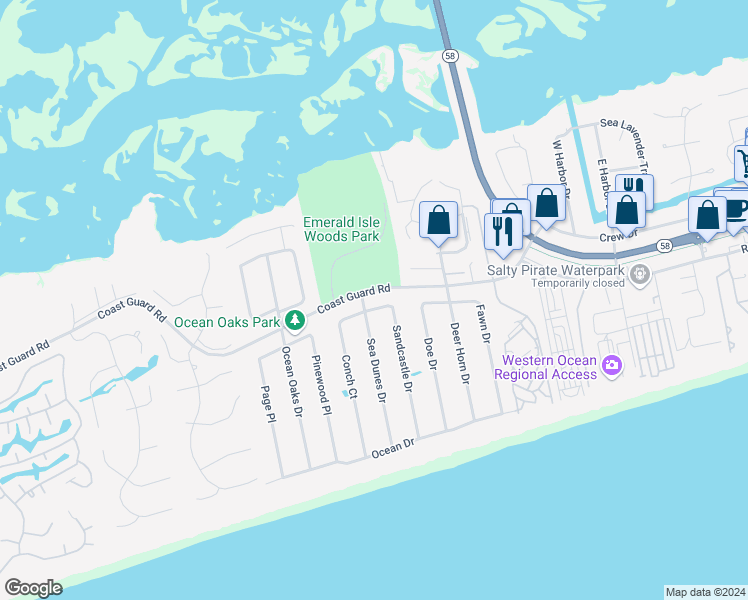 map of restaurants, bars, coffee shops, grocery stores, and more near 152 Sand Castle Drive in Emerald Isle