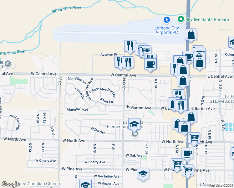 map of restaurants, bars, coffee shops, grocery stores, and more near 1241 Primrose Court in Lompoc