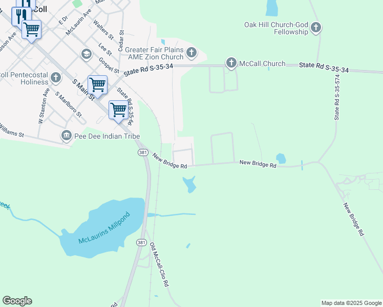 map of restaurants, bars, coffee shops, grocery stores, and more near 419 Arcadia Drive in McColl