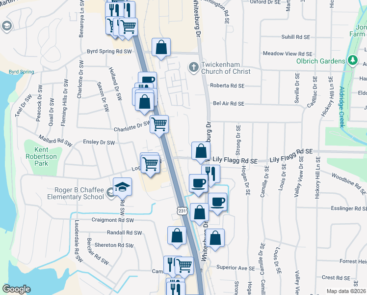 map of restaurants, bars, coffee shops, grocery stores, and more near 8148 Oldfield Road Southwest in Huntsville