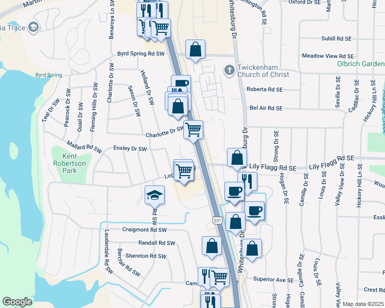 map of restaurants, bars, coffee shops, grocery stores, and more near 8055 Lenox Lane Southwest in Huntsville