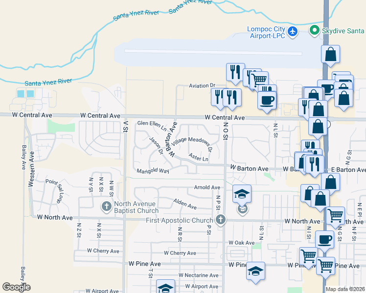 map of restaurants, bars, coffee shops, grocery stores, and more near 1228 Timothy Court in Lompoc