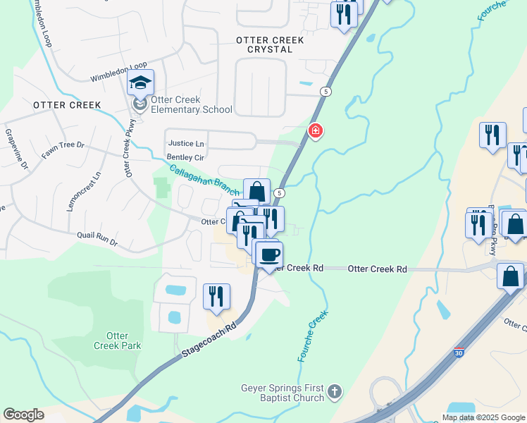 map of restaurants, bars, coffee shops, grocery stores, and more near 11 Otter Creek Court in Little Rock