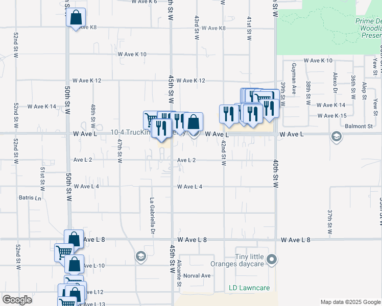 map of restaurants, bars, coffee shops, grocery stores, and more near 4329 West Avenue L2 in Quartz Hill